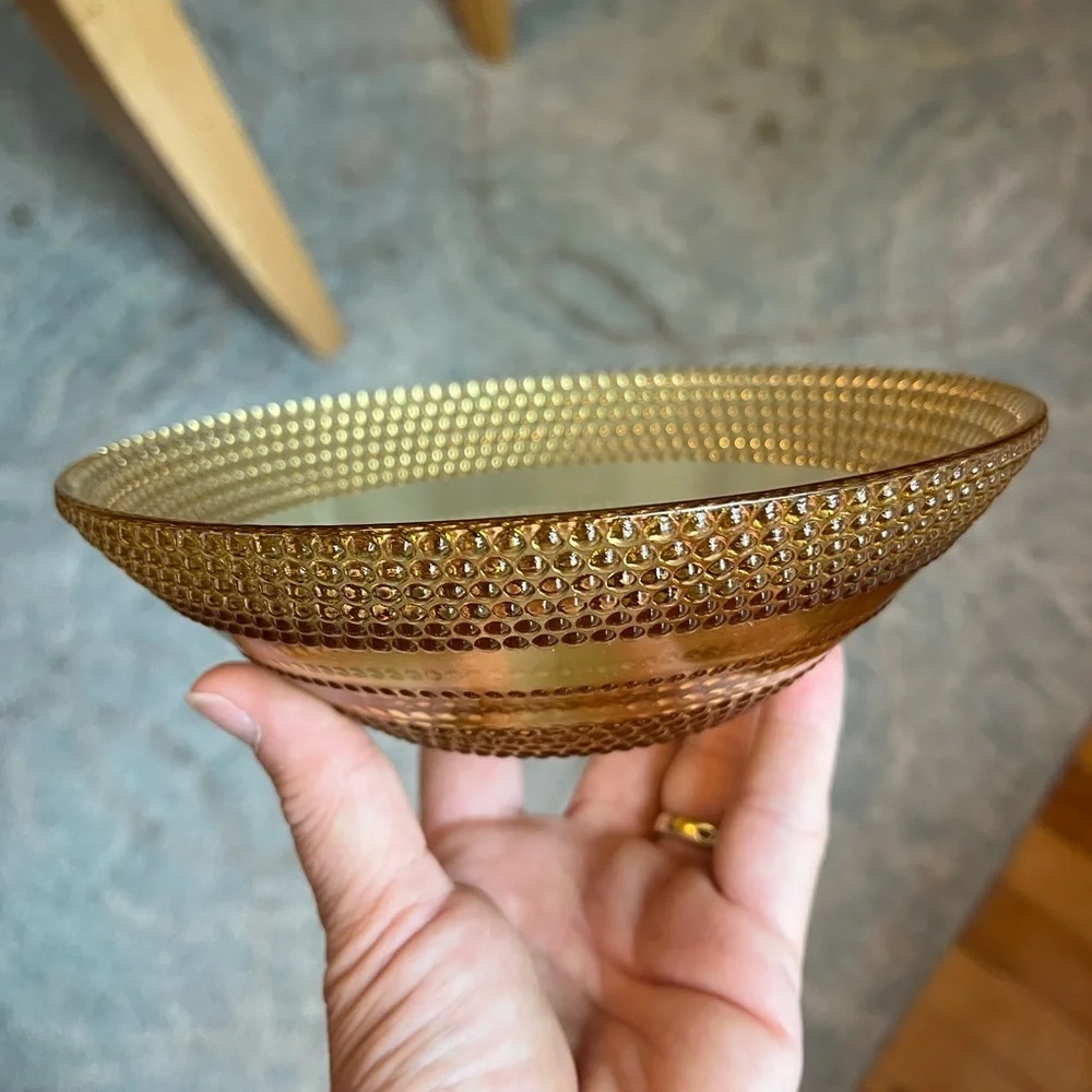 Vintage Amber Glass Cereal Desert Fruit Beaded Bullseye Bowl 6 1/2” X 2 1/8”